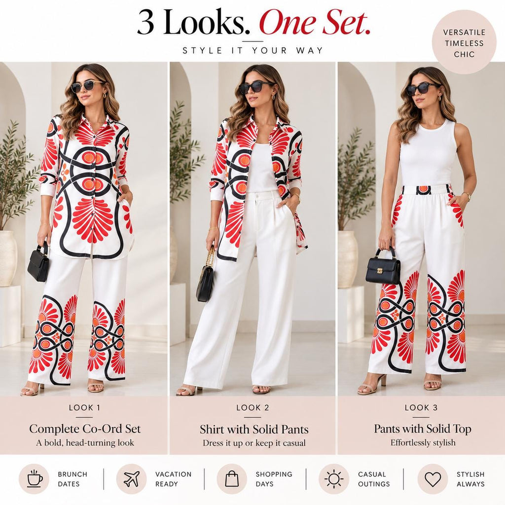 Women’s Boho Co Ord Set, Printed Shirt and Wide Leg Pants Set, Cotton Twill Blend 2 Piece Outfit, Vacation Brunch Outfit, Resort Wear