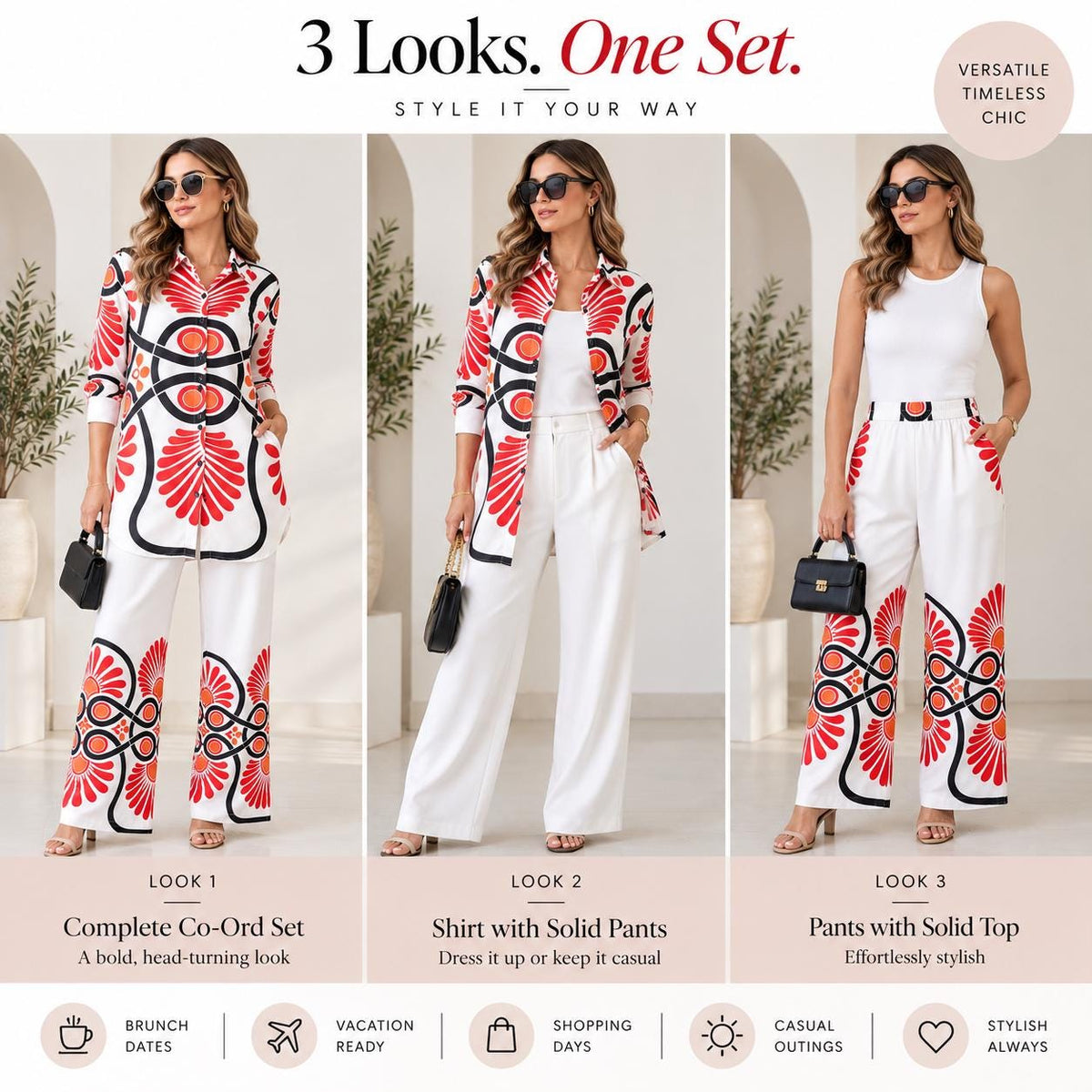 Women’s Boho Co Ord Set, Printed Shirt and Wide Leg Pants Set, Cotton Twill Blend 2 Piece Outfit, Vacation Brunch Outfit, Resort Wear