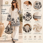Women’s Cotton Co Ord Set, Boho Two Piece Outfit, Black & White Palm Print Tunic Set, Wide Leg Pants, Resort Wear, Vacation Outfit
