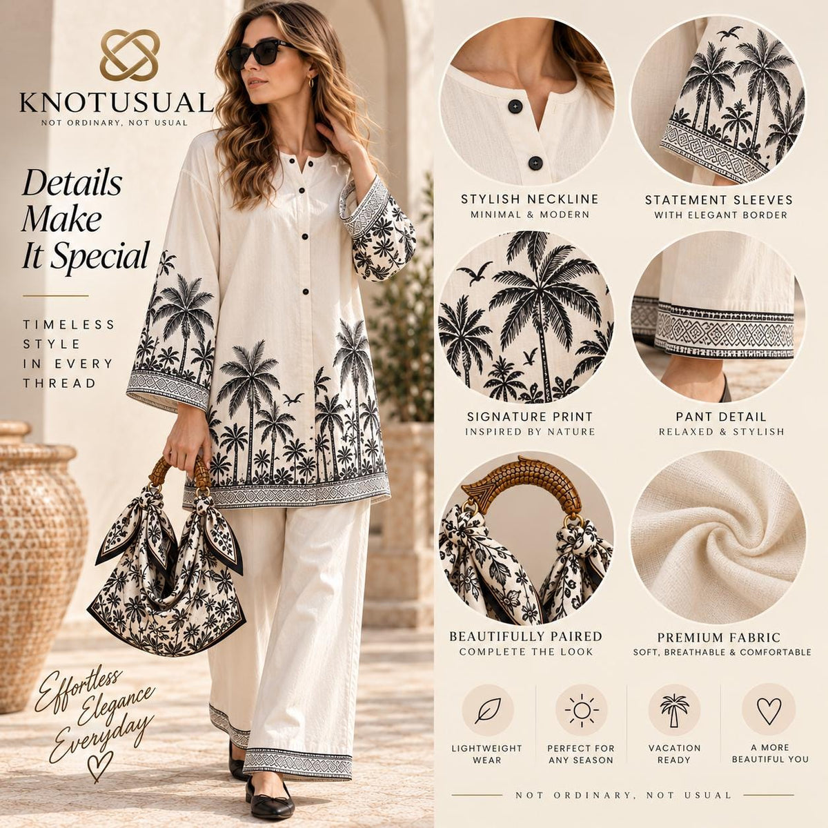 Women’s Cotton Co Ord Set, Boho Two Piece Outfit, Black & White Palm Print Tunic Set, Wide Leg Pants, Resort Wear, Vacation Outfit