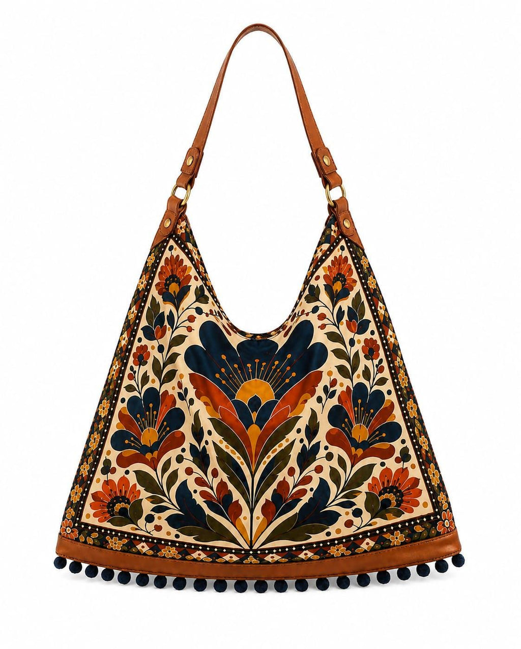 Boho Floral Hobo Bag, Handmade Tote with Genuine Leather Strap, Pom-Pom Trim