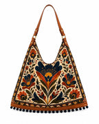 Boho Floral Hobo Bag, Handmade Tote with Genuine Leather Strap, Pom-Pom Trim