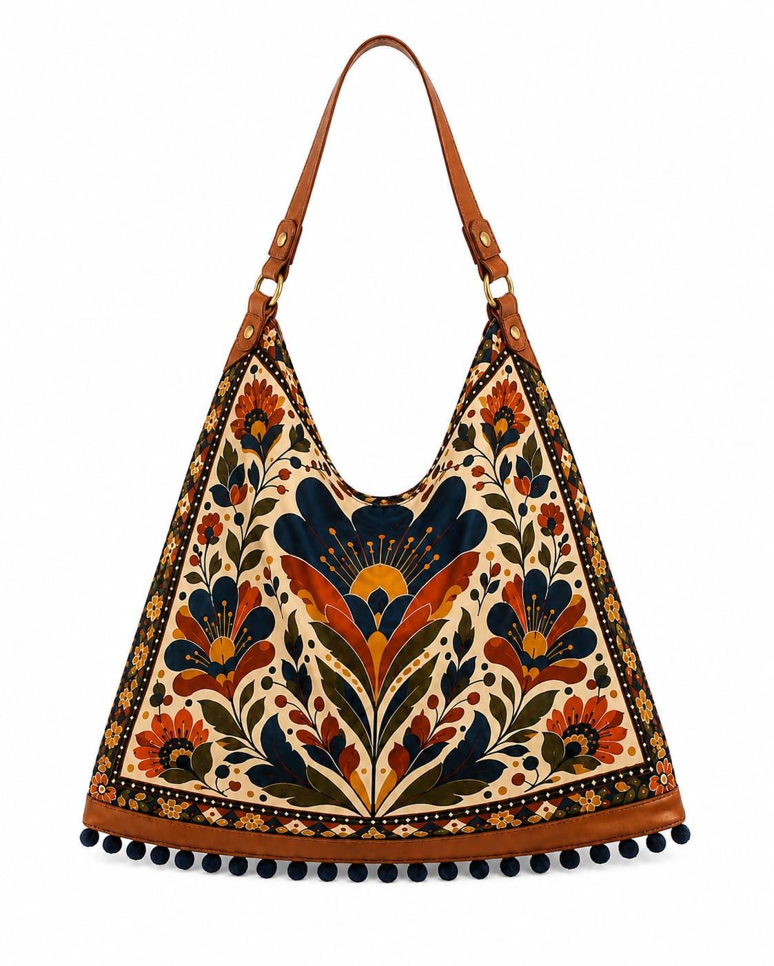Boho Floral Hobo Bag, Handmade Tote with Genuine Leather Strap, Pom-Pom Trim