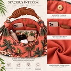 Hand-Carved Wooden Handle Hobo Bag, Tropical Parrot Palm Print Tote