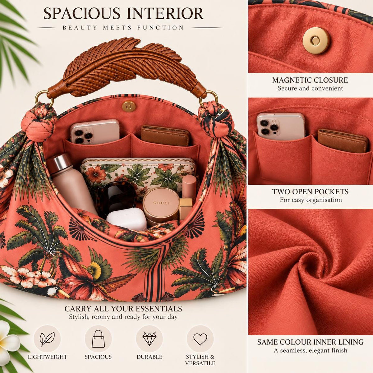 Hand-Carved Wooden Handle Hobo Bag, Tropical Parrot Palm Print Tote