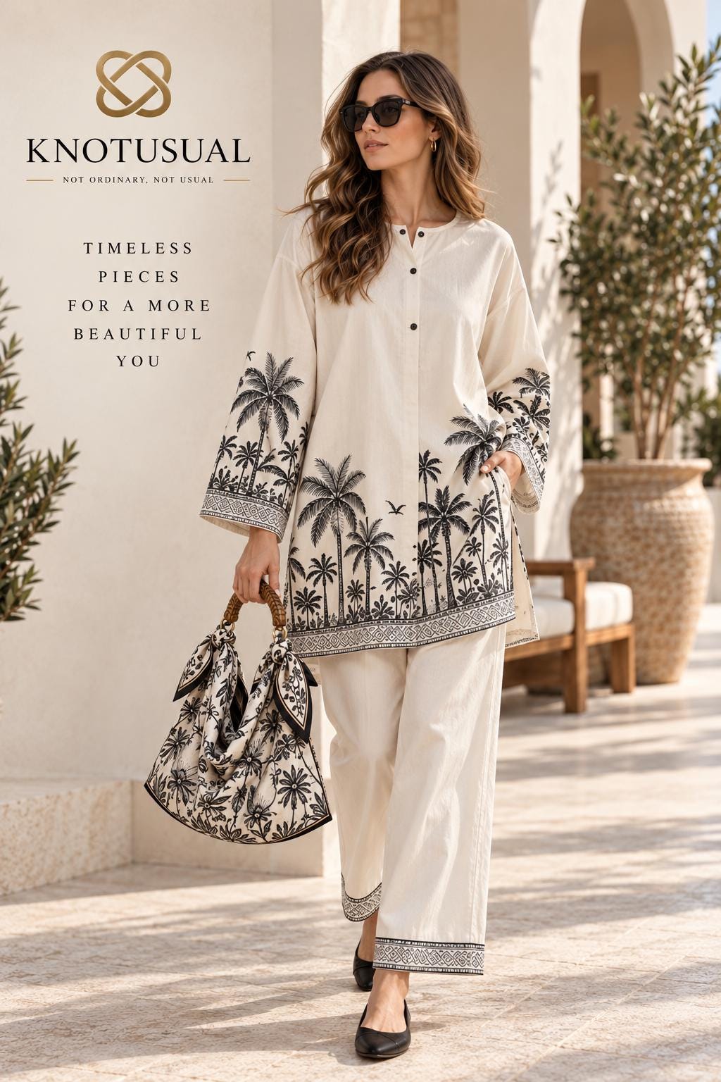 Women’s Cotton Co Ord Set, Boho Two Piece Outfit, Black & White Palm Print Tunic Set, Wide Leg Pants, Resort Wear, Vacation Outfit