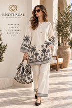 Women’s Cotton Co Ord Set, Boho Two Piece Outfit, Black & White Palm Print Tunic Set, Wide Leg Pants, Resort Wear, Vacation Outfit