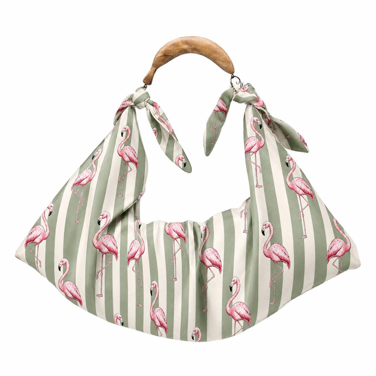 Flamingo Tote Bag, Sage Green Beach Bag with handmade wooden Handles, Tropical Summer Handbag