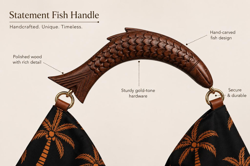 Black Palm Tree Hobo Bag, Wooden Fish Handle, Tropical Boho Shoulder Purse
