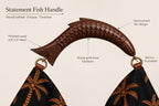 Black Palm Tree Hobo Bag, Wooden Fish Handle, Tropical Boho Shoulder Purse
