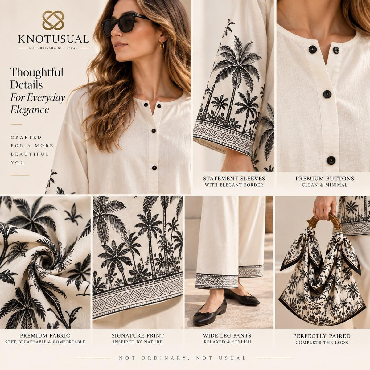 Women’s Cotton Co Ord Set, Boho Two Piece Outfit, Black & White Palm Print Tunic Set, Wide Leg Pants, Resort Wear, Vacation Outfit
