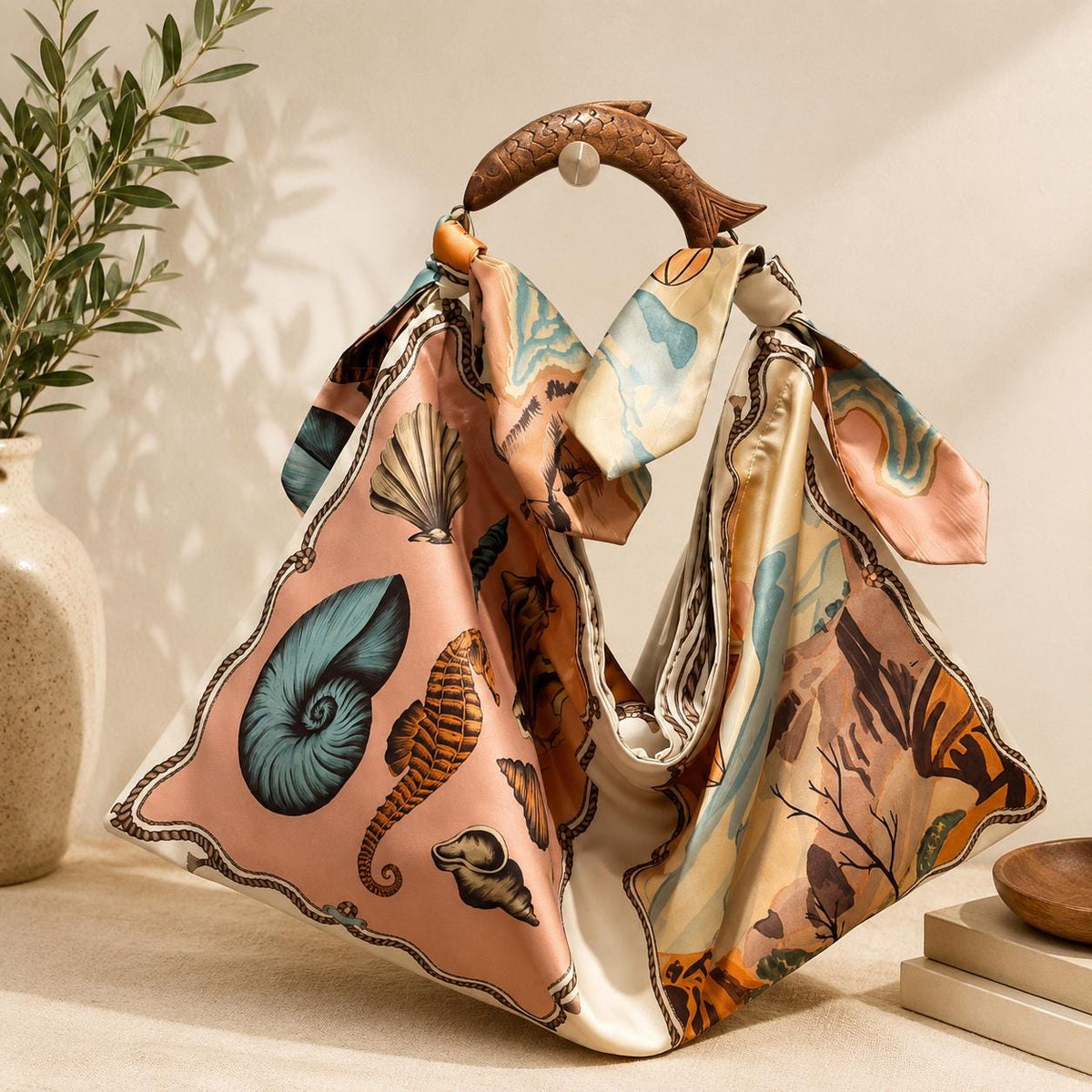 Handmade Beach Tote Bag, Wooden Fish Handle, Coastal Marine Print Shoulder Bag