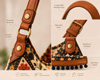 Boho Floral Hobo Bag, Handmade Tote with Genuine Leather Strap, Pom-Pom Trim