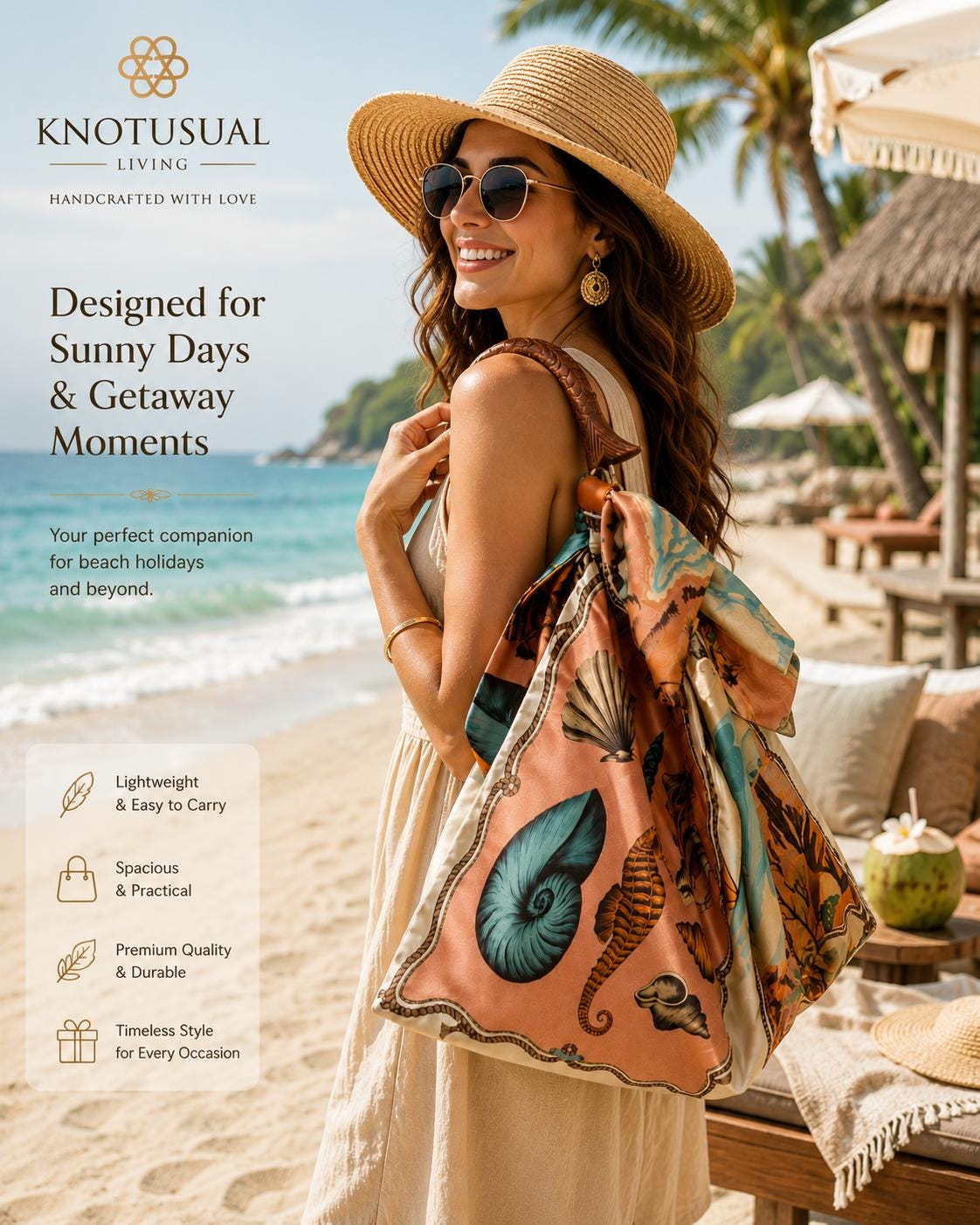 Handmade Beach Tote Bag, Wooden Fish Handle, Coastal Marine Print Shoulder Bag