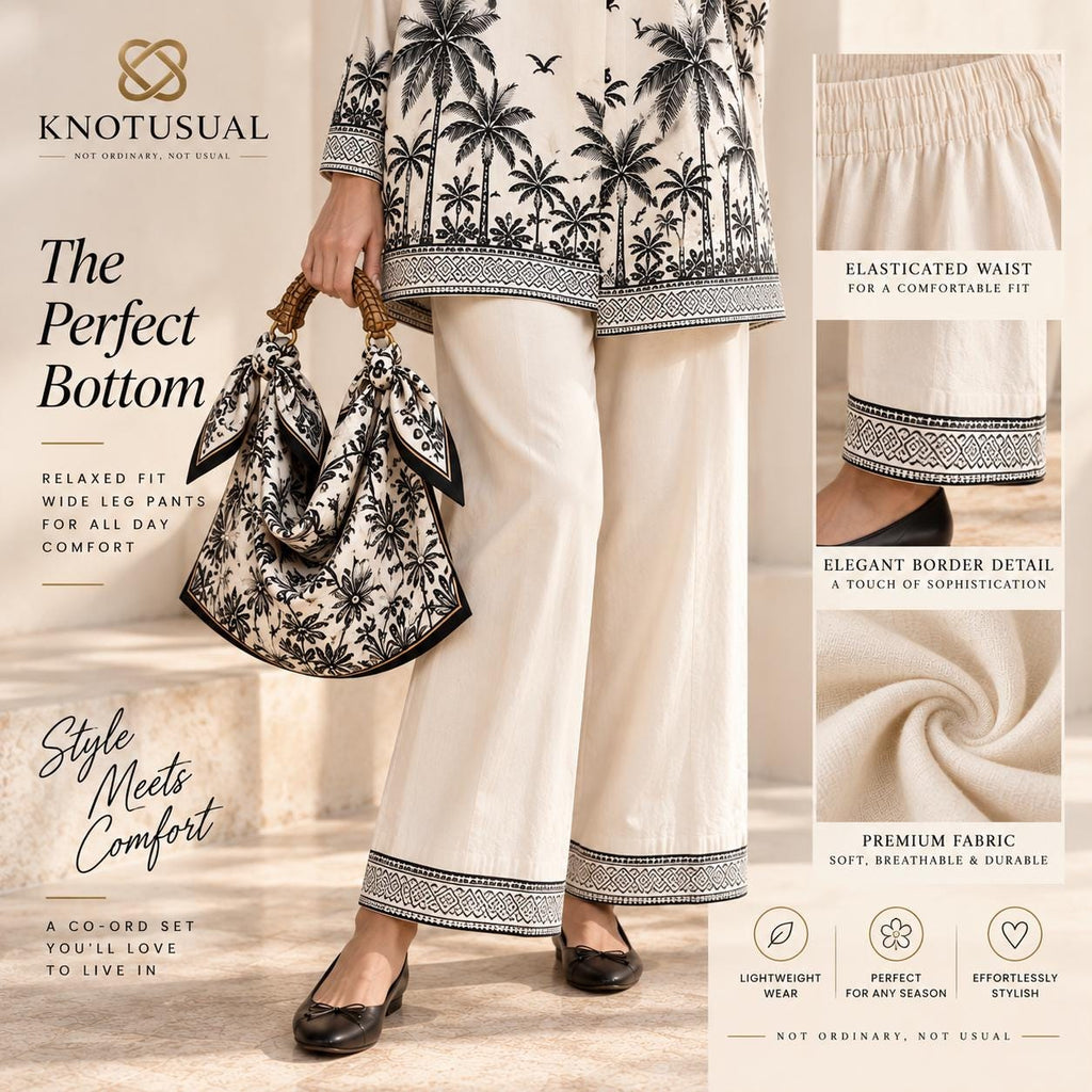 Women’s Cotton Co Ord Set, Boho Two Piece Outfit, Black & White Palm Print Tunic Set, Wide Leg Pants, Resort Wear, Vacation Outfit