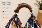 Scarf Tote Bag, Convertible Silk Purse, Handcrafted Mango Wood Fish Handle, Resort Bag