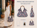 Blue White Flamingo Tote Bag, Tropical Striped Beach Shoulder Bag (Large)