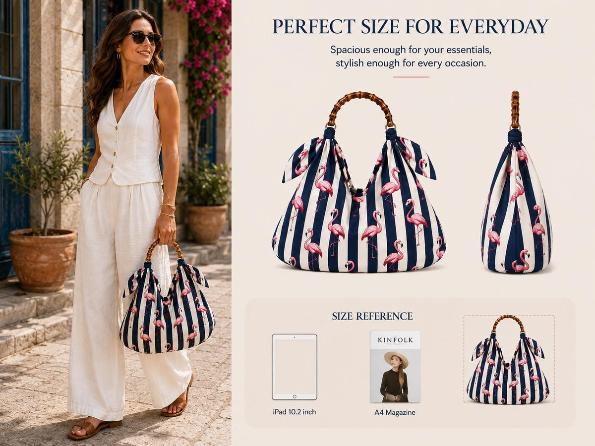 Blue White Flamingo Tote Bag, Tropical Striped Beach Shoulder Bag (Large)